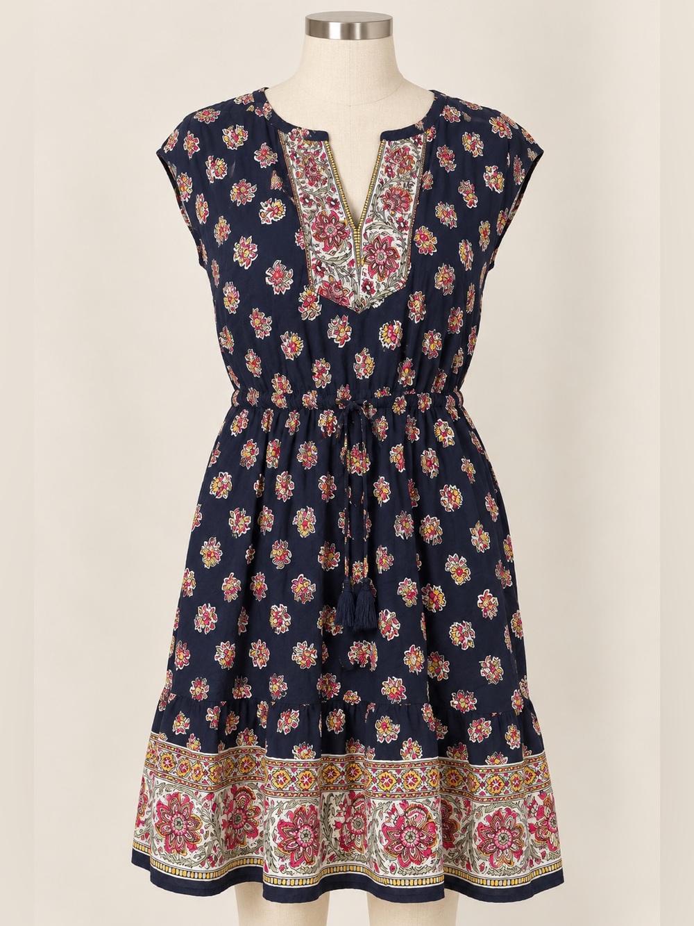 LOFT Petites LP Navy Floral Border Print Boho Dress Tassel Tie Waist Rayon